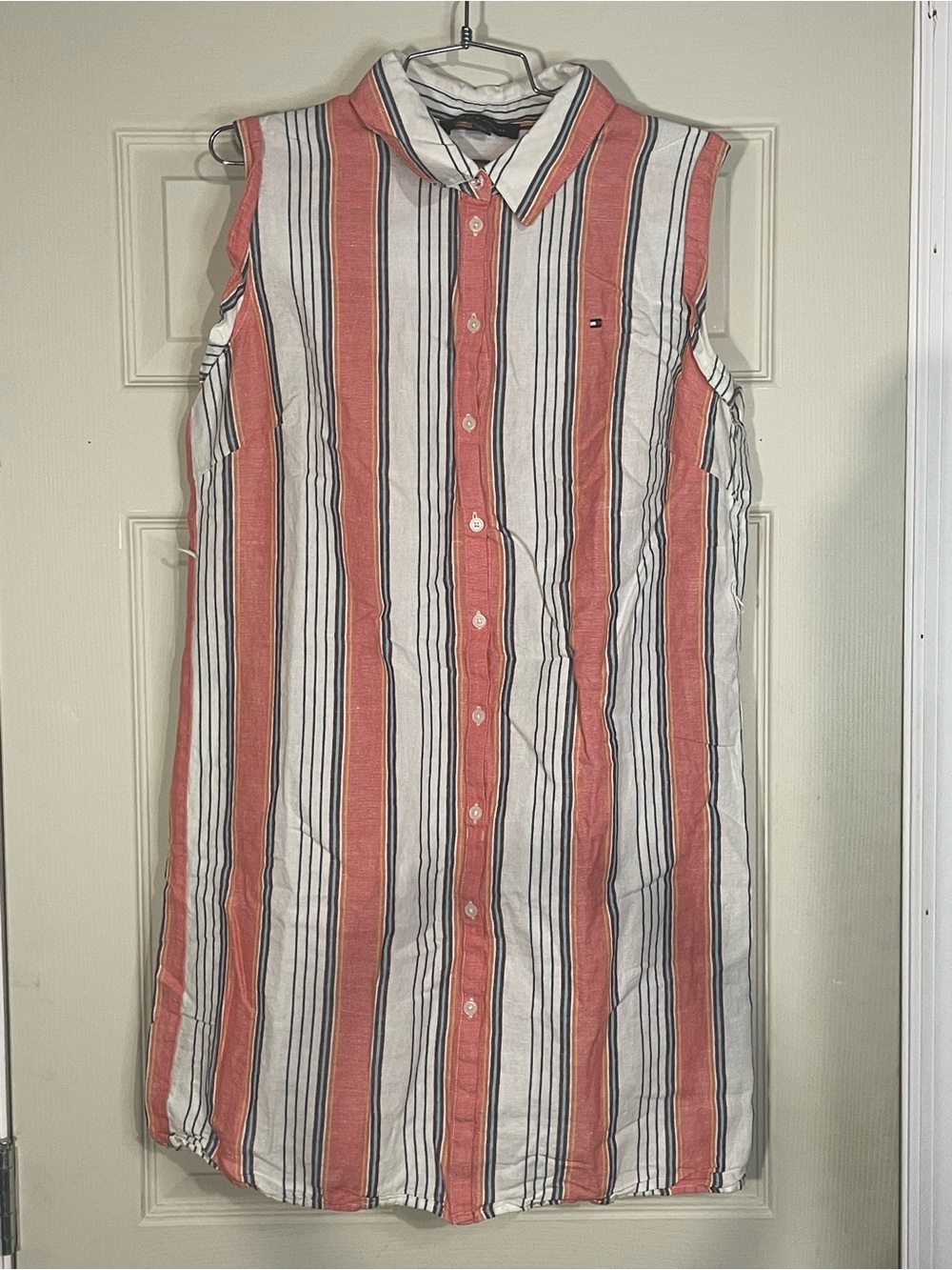Tommy Hilfiger Linen Blend Shirt Dress Sz 10 Orange Blue Gray Stripe Sleeveless